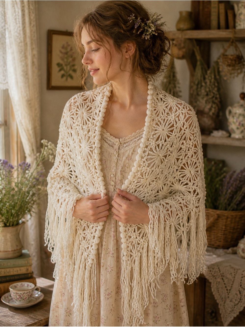 Handmade Inspired Off-White Crochet Fringe Shawl Wrap Boho Cottagecore